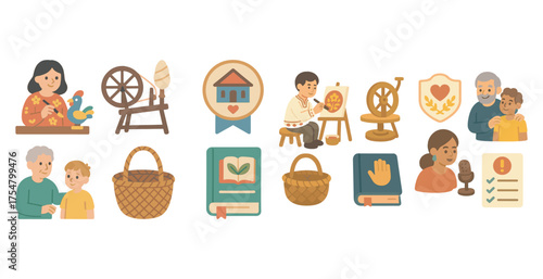 Traditional craft flat icons set – filled, artisan, handiwork symbols