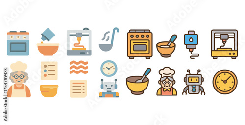 Cooking and baking flat icons set – kitchen, culinary, chef and recipe symbols