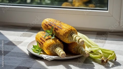 Three grilled corn cobs on a plate garnished with mint sitting on a checkered tablecloth near a window