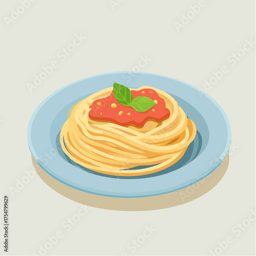 Delicious spaghetti with rich tomato sauce and fresh basil leaves served on a light blue plate, a classic Italian dish perfect for any mealtime