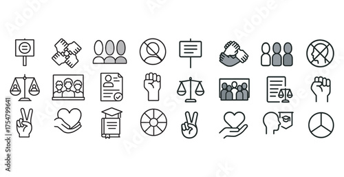 Social justice outline icons set – linear, equity, advocacy symbols collection