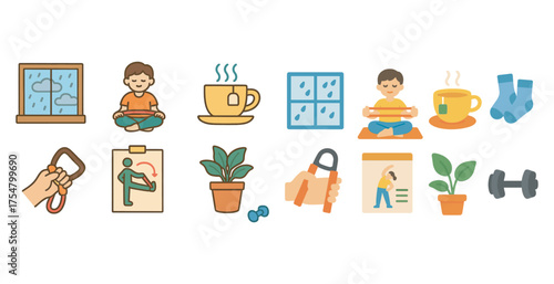 Home activities flat icons set – wellness, relaxation, indoor exercise symbols