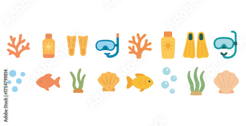 Diving and marine life icons set – flat, filled, aquatic adventure symbols