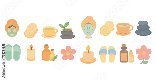 Spa and relaxation flat icons set – filled, wellness and self-care symbols
