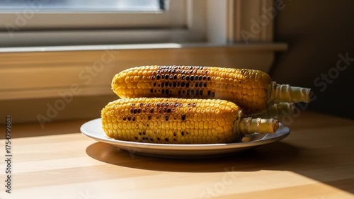 Two charred corn cobs stack on a white plate on a wooden surface next to a window with natural light