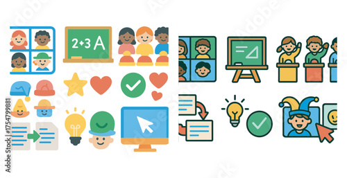 Education and learning icons set – flat, filled, classroom and teaching symbols