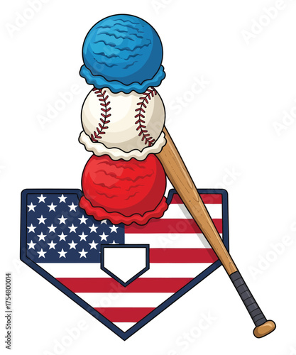 Patriotic Baseball Sundae Illustration Red White and Blue Dessert Stacked on a Baseball Home Plate with an American Flag