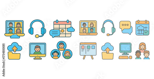 Remote work and communication icons set – outline, flat, digital collaboration tools