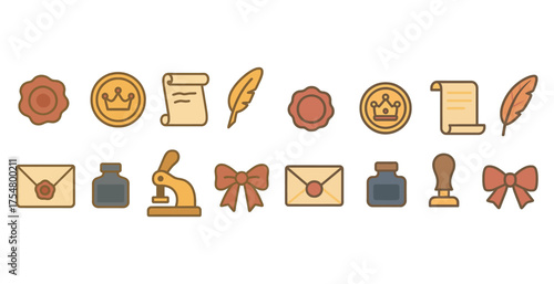 Vintage correspondence icons set – flat, filled, letter and stationery symbols