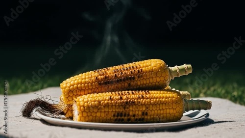 Two grilled corn on the cobs stacked on a white plate outdoors Smoke is coming from the top cob