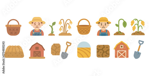 Agriculture and farming flat icons set – crops, farm tools, planting symbols