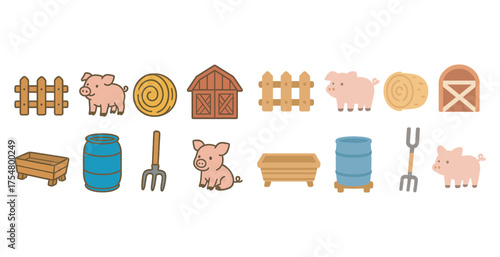 Farm and garden flat icons set – solid, filled, agriculture tools and animals