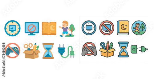 Digital wellness flat icons set – internet safety, healthy habits, mindful tech use