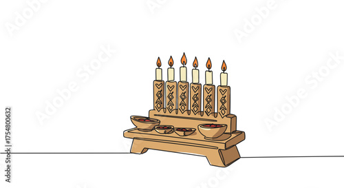 Kwanzaa candle holder with lit candles and bowls on a plain background  
