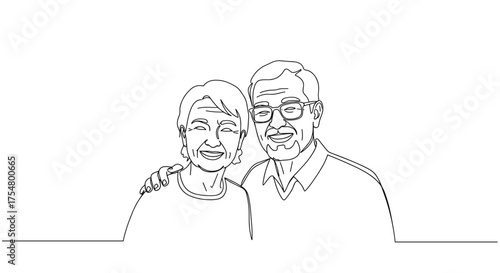 Elderly couple smiling and embracing in minimalist line art style  