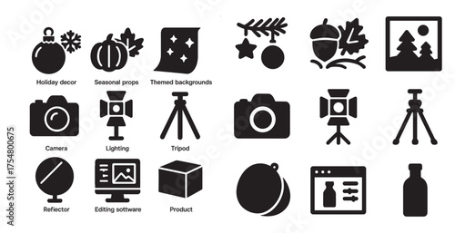 Holiday and seasonal solid icons set – filled, themed decor and festive symbols