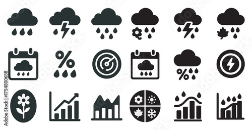Weather and forecast solid icons set – filled, climate, meteorology symbols
