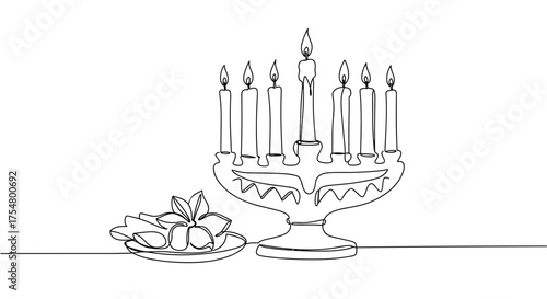 Kwanzaa candle holder with seven candles and a plate of fruit  