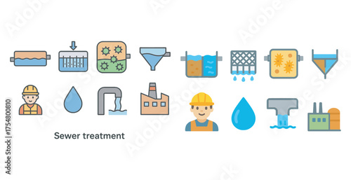 Wastewater treatment icons set with linear style – clean, sewer, filtration symbols