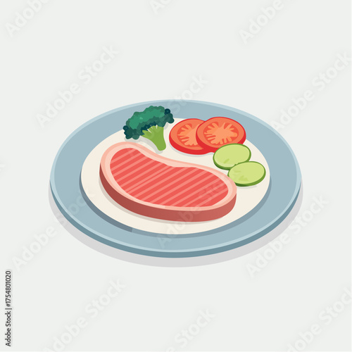 Illustration of a healthy dinner plate with a grilled steak, sliced tomatoes, cucumbers, and broccoli. A concept for a balanced diet and nutritious food