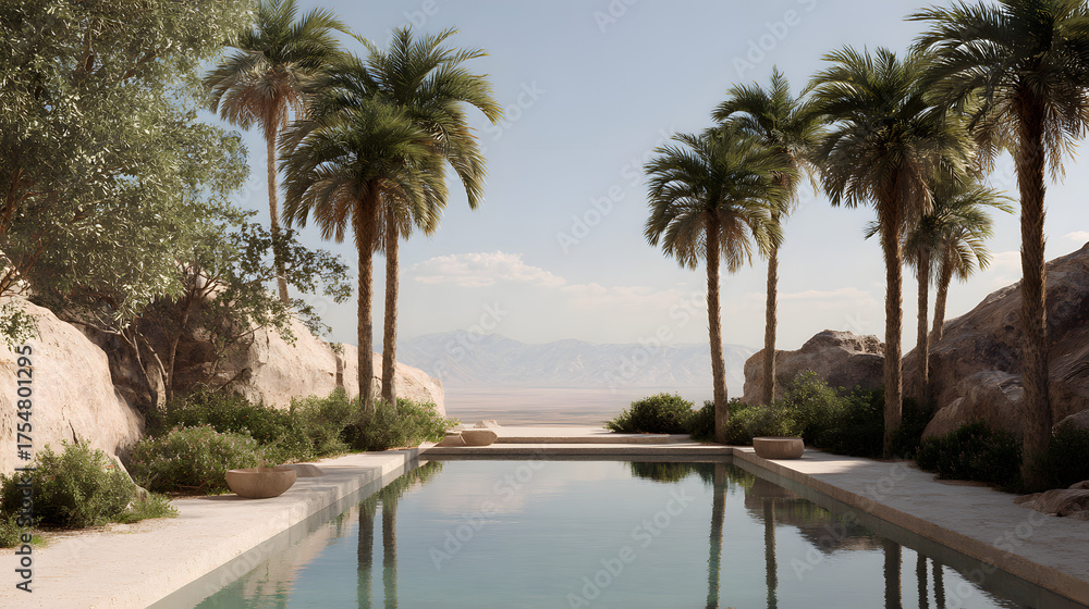 Fototapeta premium Tranquil desert oasis with palm trees, pool, and mountain views
