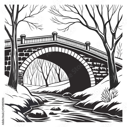 Illustration of a stone bridge over a river