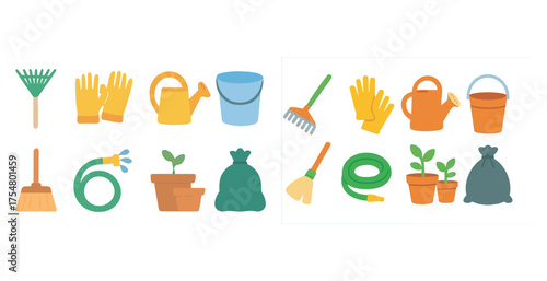 Gardening tools flat icons set – planting, horticulture, garden equipment symbols