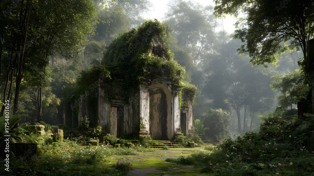 Obraz premium Ancient temple ruins overgrown with lush vegetation in a tranquil forest setting