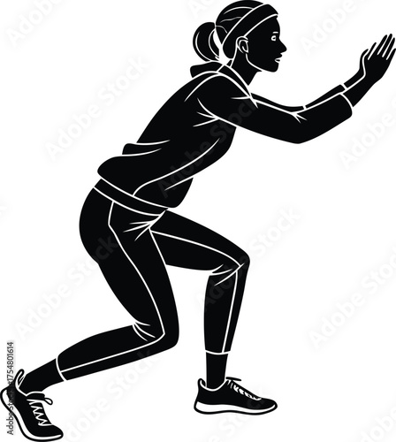 Woman performing squat exercise minimalist black figure graphic vector