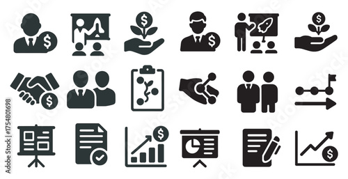 Business and finance filled icons set – solid, professional, corporate symbols