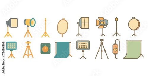 Photography equipment line icons set – outline, camera, studio lighting tools
