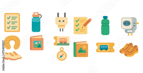 Travel essentials flat icons set – outline, filled, vacation and trip planning graphics