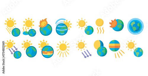 Weather and climate flat icons set – filled, outline, meteorology and environmental symbols