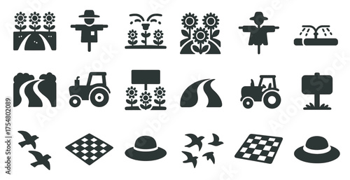 Agriculture and farming icons set – solid, filled, rural and crop symbols