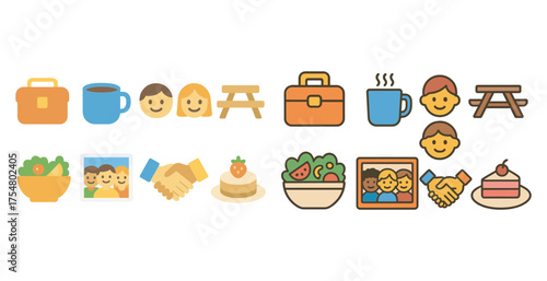 Family activity icons set with flat, outline, and lifestyle symbols