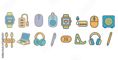Tech gadgets outline icons set – flat, line, electronic device symbols
