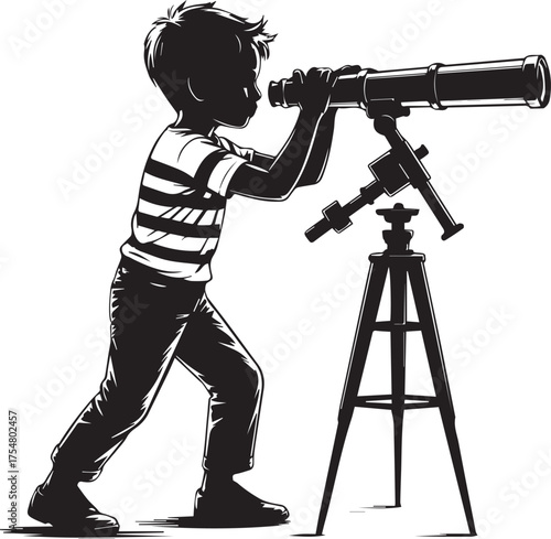 Young Boy Looking Through Telescope Silhouette: Exploration and Astronomy