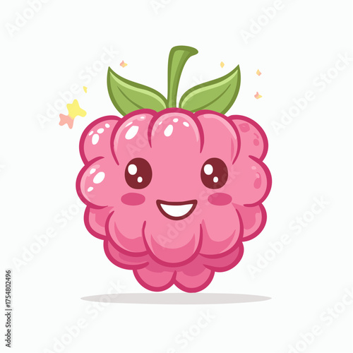 Vibrant and adorable cartoon raspberry illustration, featuring a cheerful smiling face, perfect for children's healthy food themes, sweet fruit designs, and cute character concepts with pink hues