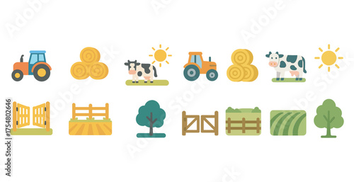 Farm and agriculture icons set – flat, filled, countryside and rural symbols