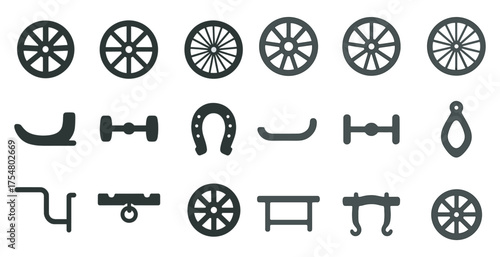 Vintage transportation solid icons set – silhouette, filled, wheel and cart symbols