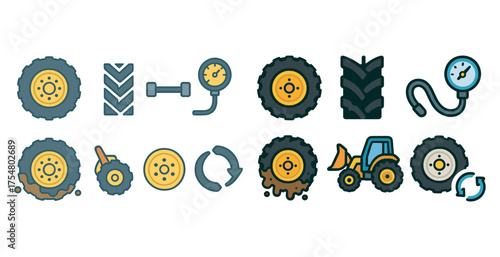 Agriculture and farming icons set – flat, filled, equipment and machinery symbols