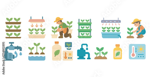 Gardening and farming icons set – flat, filled, agriculture and horticulture symbols