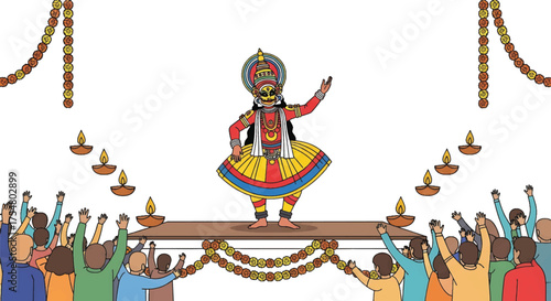 Illustration of a traditional Indian dancer performing on a stage with a crowd of people holding lit diyas in a festive atmosphere with vibrant colors.