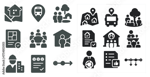 Community planning solid icons set – housing, transportation, urban development symbols