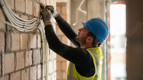 Electrician installing electrical wiring on a brick wall wearing a hard hat and safety vest indoors
