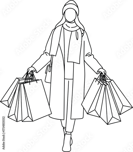 Woman shopping winter fashion bags retail therapy consumerism style outline