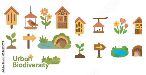 Urban biodiversity flat icons set – nature, ecology, environmental symbols