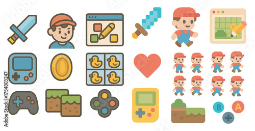 Retro gaming pixel art icons set – classic, 8-bit, video game design elements