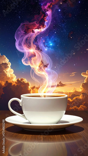 Cosmic coffee cup steaming cup swirling nebula steam glowing particles starry sky dreamy night warm light wooden table white ceramic saucer fantasy surreal sunrise twilight galactic mystical