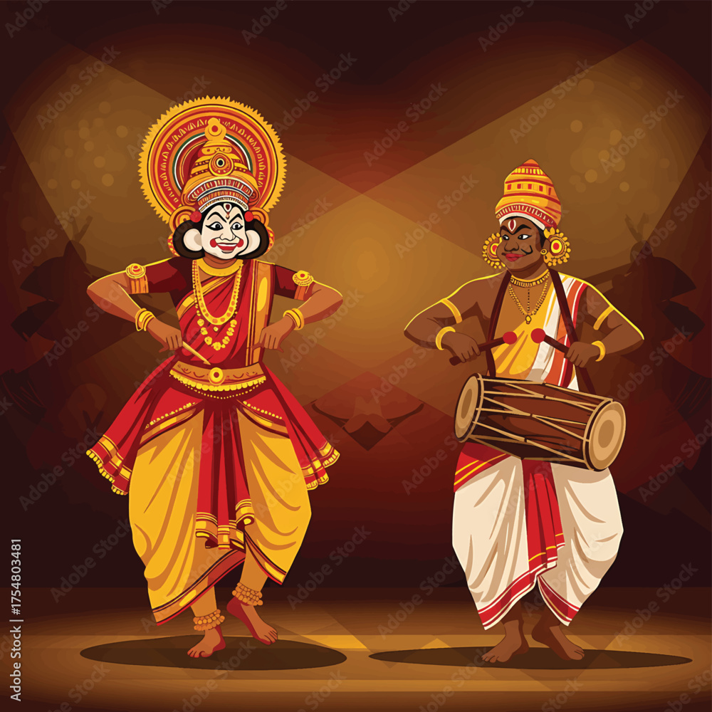 Obraz premium Two traditional Indian dancers performing on a stage with a drummer